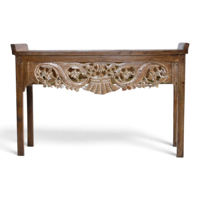 Teak-Carved-Console-Table-BEB8422A-120x45x80_21.000gr Ornate carved teak console table with floral apron, front view