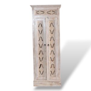 Whitewashed Carved Teak Tall Cupboard