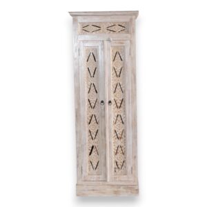 Whitewashed Carved Teak Tall Cupboard