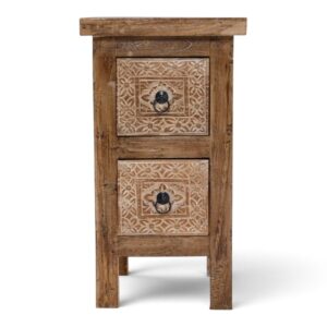 Rustic Carved Teak 2-Drawer Side Table
