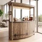 Slim teak canopy bar styled in a home bar
