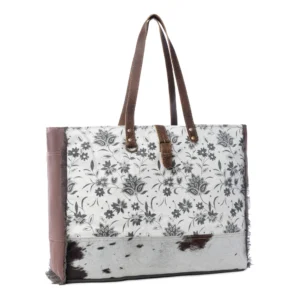 Floral Printed Canvas & Cowhide Tote Bag with Leather Straps
