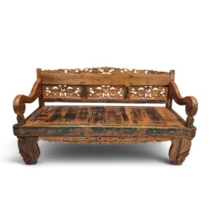 Ornate Carved Teak Bench with Distressed Finish