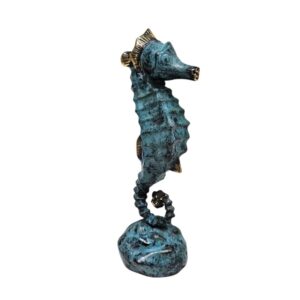 Brass Seahorse on Coral Rock Base in Metallic Blue Gold